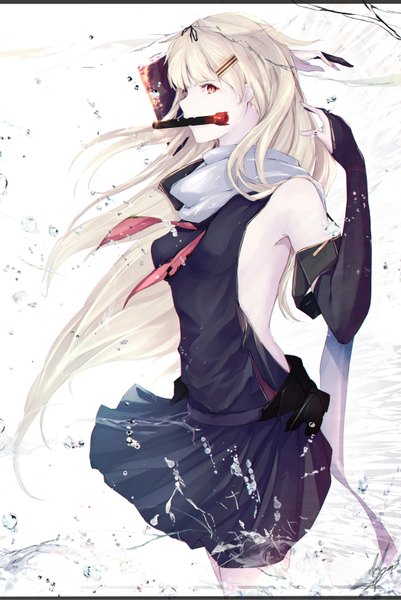 Anime picture 1078x1613 with kantai collection yuudachi destroyer marumoru single long hair tall image red eyes white hair profile remodel (kantai collection) girl skirt gloves miniskirt elbow gloves torpedo