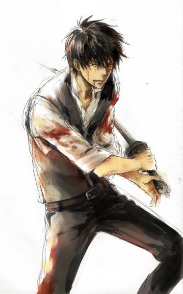 Anime picture 746x1200 with gintama sunrise (studio) hijikata toshiro acaco single tall image short hair black hair simple background white background brown eyes fighting stance smoking twisty sleeves boy weapon sword katana blood vest