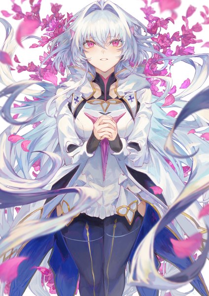 Anime-Bild 1592x2251 mit fate (series) fate/grand order fate/prototype merlin (fate/prototype) mashuu (neko no oyashiro) single tall image looking at viewer fringe hair between eyes standing holding ahoge white hair long sleeves very long hair parted lips pink eyes from above floating hair