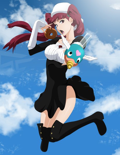 Anime picture 1600x2065 with bleach studio pierrot dokugamine riruka stikyfinkaz-003 single long hair tall image open mouth red eyes twintails cloud (clouds) red hair jumping girl food thigh boots doughnut