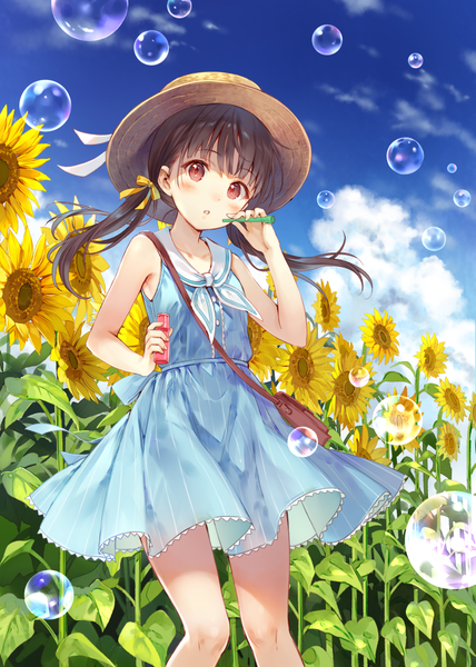 Anime picture 713x1000 with original fukahire (ruinon) single long hair tall image looking at viewer blush fringe open mouth red eyes brown hair standing twintails holding sky cloud (clouds) outdoors wind low twintails bubble blowing