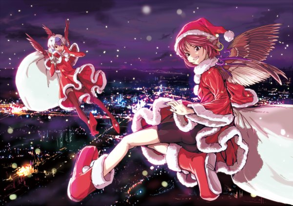 Anime picture 1227x867 with touhou mystia lorelei tokiko (touhou) shiba itsuki looking at viewer short hair open mouth smile brown hair multiple girls animal ears blue hair white hair multicolored hair fingernails night two-tone hair high heels city snowing