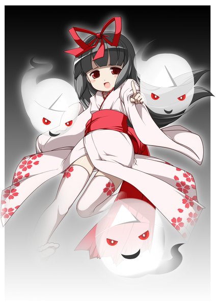 Anime picture 1500x2122 with original kosumo (artist) long hair tall image open mouth black hair red eyes japanese clothes loli ghost girl thighhighs white thighhighs belt kimono