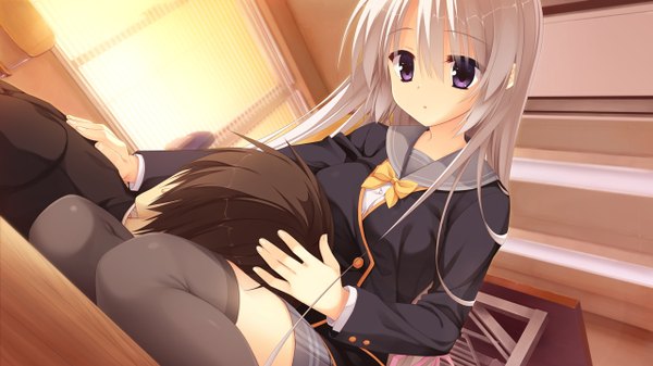 Anime picture 1280x720 with sanoba witch yuzusoft ayaji nene shuuji (sanoba witch) muririn long hair fringe short hair breasts brown hair wide image sitting purple eyes game cg silver hair indoors lying :o floor girl