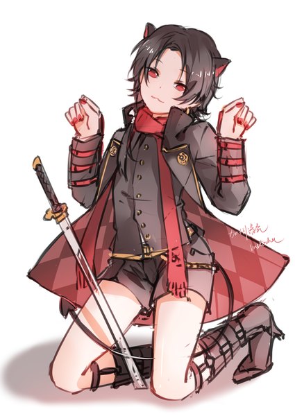 Anime picture 700x989 with touken ranbu nitroplus kashuu kiyomitsu instockee single tall image looking at viewer short hair black hair simple background red eyes white background animal ears tail nail polish fingernails cat ears demon tail :3 kemonomimi mode