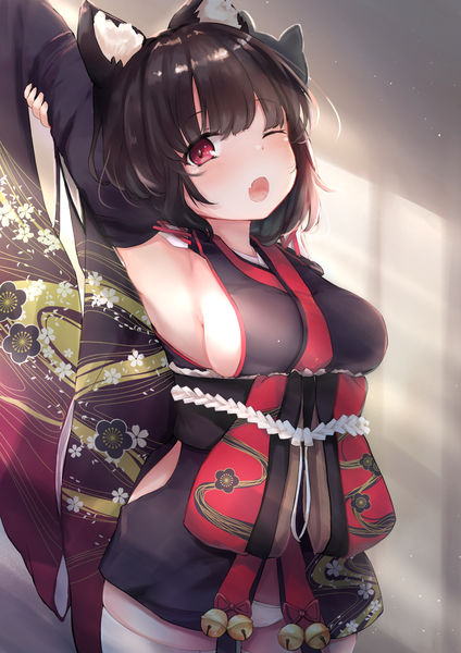 Anime picture 1488x2105 with azur lane yamashiro (azur lane) momiji manjuu (usagiblackmore) single tall image looking at viewer blush fringe short hair breasts open mouth light erotic black hair red eyes animal ears one eye closed sunlight cat ears :o shadow