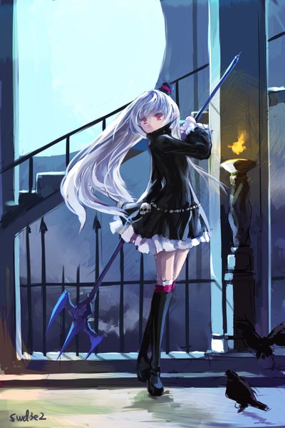 Anime picture 1417x2125 with swd3e2 single long hair tall image red eyes signed white hair girl dress weapon hat animal boots bird (birds) moon fire mini hat mini top hat crow trident