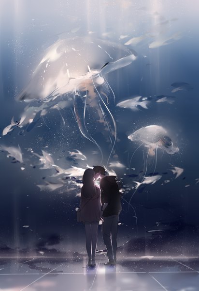 Anime picture 2200x3200 with original yarily long hair tall image highres short hair full body from behind couple holding hands kiss dark hair girl dress boy animal shorts hood bag fish (fishes)