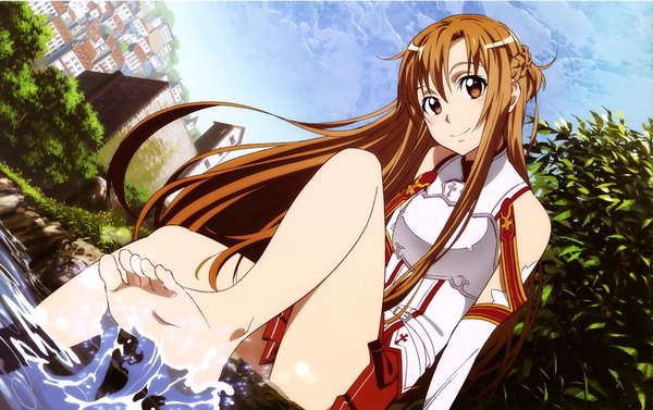 Anime picture 4066x2556 with sword art online a-1 pictures yuuki asuna adachi shingo single long hair looking at viewer highres light erotic smile brown hair brown eyes absurdres scan official art bare legs river girl skirt detached sleeves