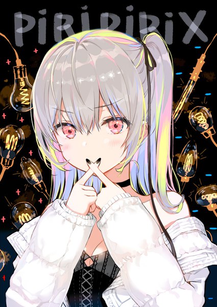 Anime picture 708x1000 with original yadapot single long hair tall image blush fringe hair between eyes silver hair upper body nail polish pink eyes multicolored hair one side up covered mouth black nail polish x fingers girl choker light bulb