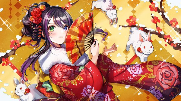 Anime picture 1778x1000 with virtual youtuber vase (vtuber group) reshra piroshiki123 single long hair blush highres black hair wide image upper body traditional clothes japanese clothes multicolored hair official art sparkle streaked hair heterochromia new year plum blossoms