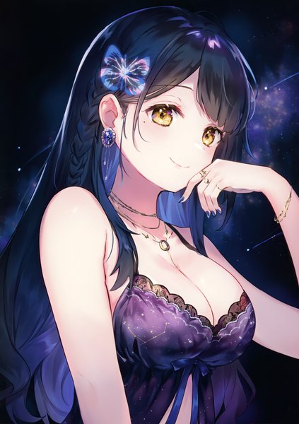 Anime picture 2495x3538 with original omelet tomato single long hair tall image looking at viewer blush fringe highres breasts light erotic black hair large breasts bare shoulders yellow eyes cleavage upper body braid (braids) nail polish arm up