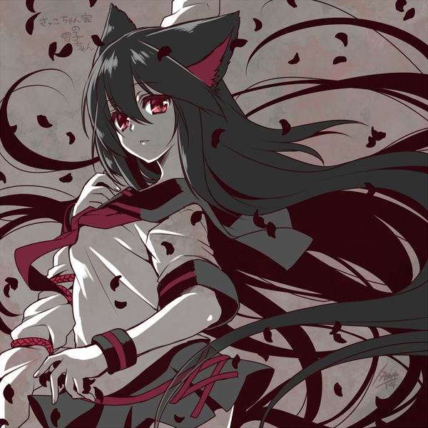 Anime picture 900x900 with original takatsuki ichi single long hair looking at viewer fringe black hair simple background hair between eyes red eyes standing holding signed animal ears upper body pleated skirt wind cat ears inscription grey background