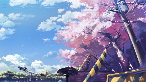 Anime picture 1280x720 with original gom jabbar wide image sky cloud (clouds) cherry blossoms no people landscape plant (plants) petals tree (trees) ground vehicle wire (wires) bicycle