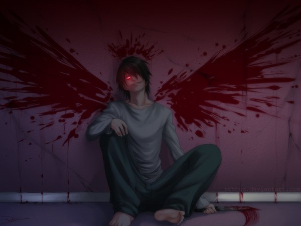Anime picture 1024x768 with death note madhouse beyond birthday robbuz single looking at viewer fringe short hair black hair sitting hair over one eye no shoes glowing glowing eye (eyes) crazy smile boy weapon wings blood knife