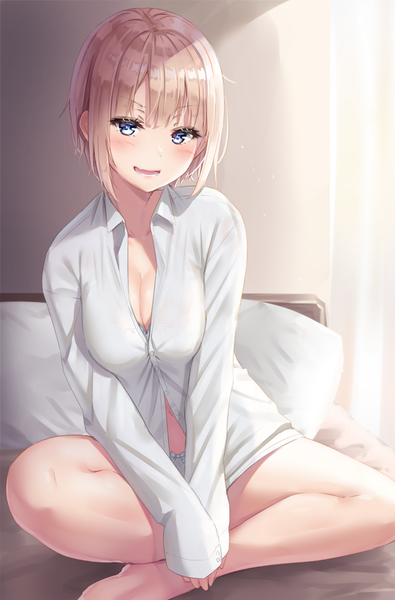 Anime picture 989x1500 with original reinama single tall image looking at viewer blush fringe short hair breasts open mouth blue eyes light erotic blonde hair large breasts sitting payot cleavage indoors blunt bangs partially open clothes