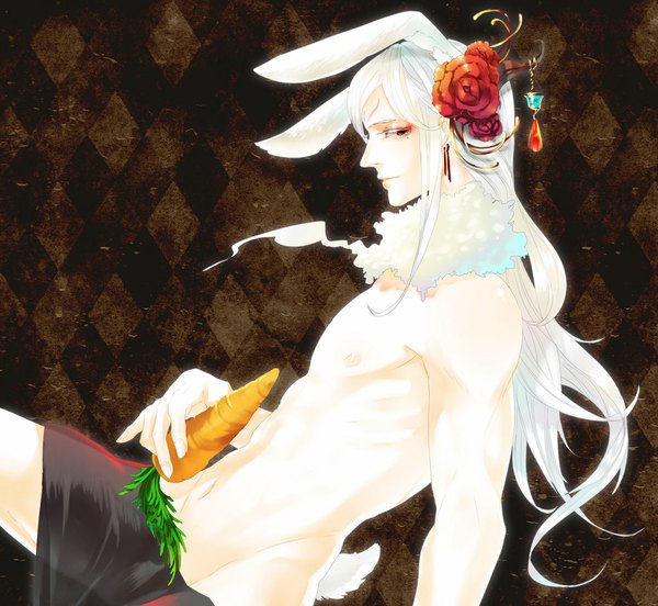 Anime picture 1024x943 with original pluehunter single long hair light erotic red eyes animal ears nipples white hair tail animal tail hair flower nude bunny ears eyeshadow bunny tail face paint rhombus bunny boy boy