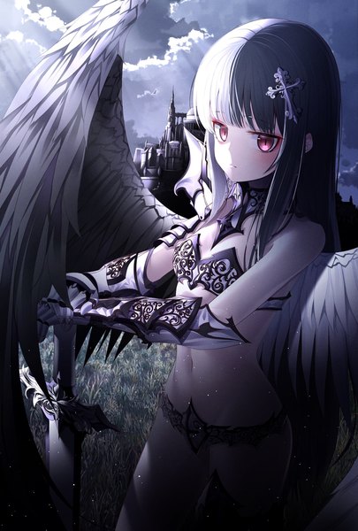 Anime picture 971x1440 with original kanzi single long hair tall image looking at viewer fringe light erotic black hair red eyes standing sky cloud (clouds) white hair blunt bangs multicolored hair two-tone hair fallen angel girl navel