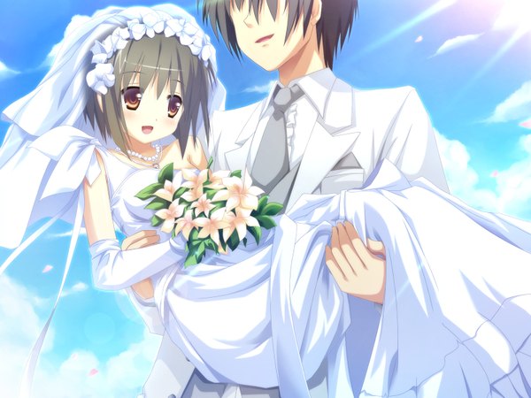 Anime picture 1600x1200 with oni gokko! sakagami kana nimura yuuji short hair red eyes brown hair game cg couple girl dress boy wedding dress