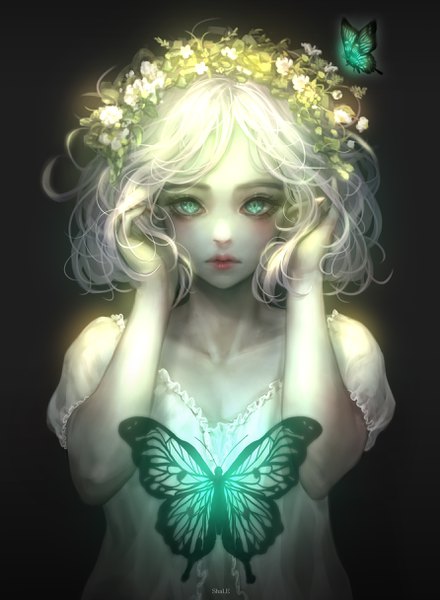 Anime-Bild 1781x2431 mit original shale single tall image looking at viewer highres short hair simple background upper body white hair hair flower aqua eyes lips pointy ears black background hands on head girl flower (flowers) insect butterfly