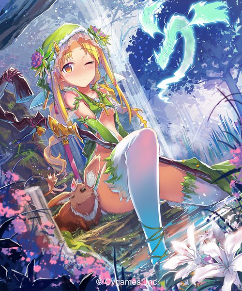 Anime picture 800x960 with shingeki no bahamut yui (niikyouzou) single long hair tall image looking at viewer blush breasts light erotic blonde hair smile sitting twintails holding brown eyes bent knee (knees) one eye closed hair flower wink dutch angle