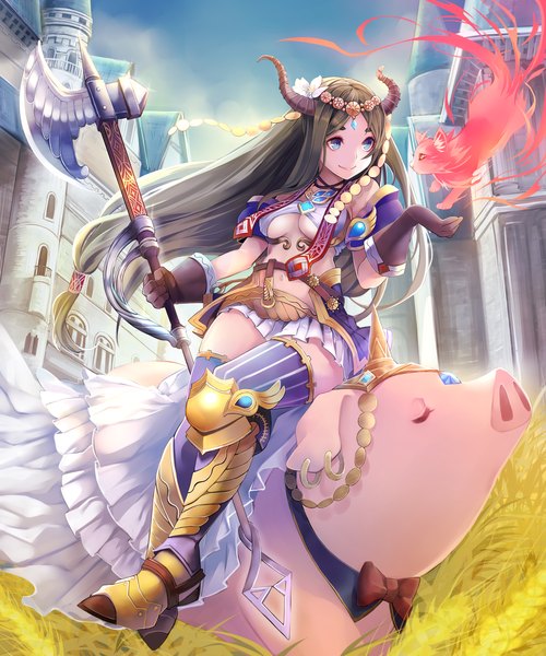 Anime picture 2500x3000 with original settyaro single long hair tall image highres breasts blue eyes black hair smile sitting horn (horns) girl thighhighs gloves hair ornament weapon animal boots cat