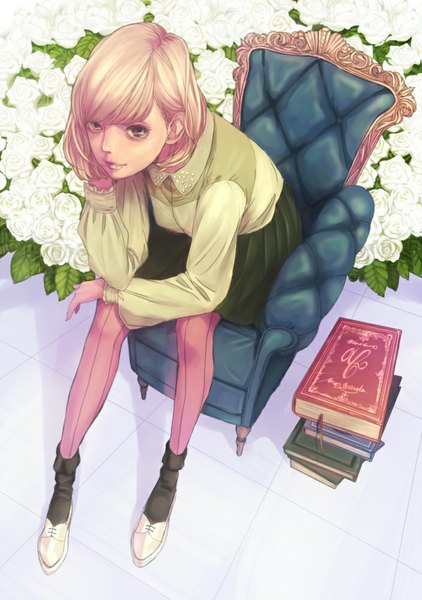 Anime picture 704x1000 with original shinoda single tall image fringe short hair blonde hair sitting purple eyes pleated skirt from above arm support shadow girl skirt flower (flowers) pantyhose socks shoes rose (roses)
