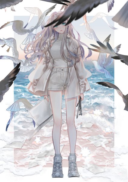 Anime picture 608x860 with original yua (tick-tack) single long hair tall image looking at viewer standing silver hair full body outdoors head tilt aqua eyes wind bare legs border outside border girl animal shoes shorts