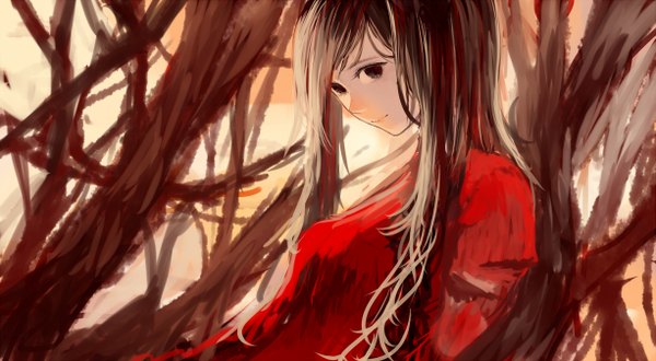 Anime picture 1225x674 with original bounin single long hair looking at viewer blush black hair smile wide image black eyes against tree girl dress plant (plants) tree (trees) red dress