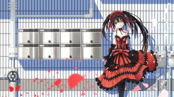 Anime picture 1920x1080 with date a live tokisaki kurumi yuragi (amriel) single long hair highres black hair wide image twintails bare shoulders heterochromia uneven twintails girl dress detached sleeves petals boots frills headdress