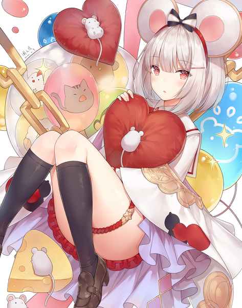 Anime picture 1529x1940 with granblue fantasy vikala (granblue fantasy) ayuanlv single tall image looking at viewer blush fringe short hair open mouth red eyes holding signed animal ears silver hair bent knee (knees) blunt bangs :o dated fake animal ears