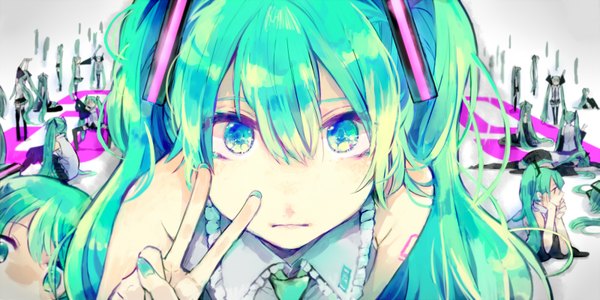 Anime picture 1600x800 with vocaloid hatsune miku nosaki tsubasa looking at viewer wide image sitting twintails multiple girls looking away lying very long hair nail polish aqua eyes aqua hair tattoo zettai ryouiki victory on stomach 6+ girls multiple persona