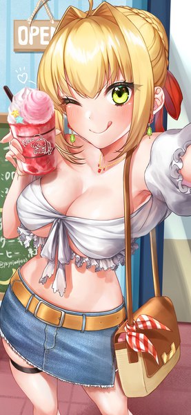 Anime picture 1125x2436 with fate (series) fate/grand order nero claudius (fate) nero claudius (fate/extra) yayoi maka single tall image looking at viewer blush fringe short hair breasts light erotic blonde hair smile large breasts standing bare shoulders holding green eyes
