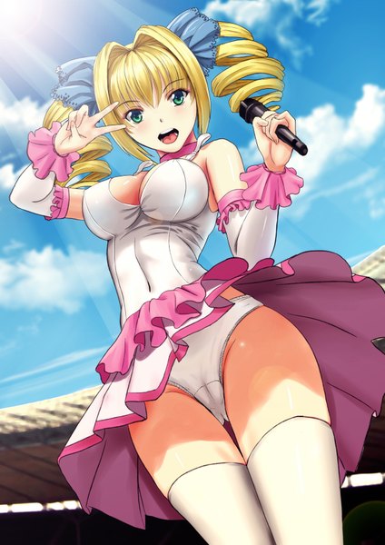 Anime picture 2480x3507 with original soyokaze single long hair tall image looking at viewer blush highres breasts open mouth light erotic blonde hair twintails bare shoulders green eyes sky cloud (clouds) drill hair girl thighhighs