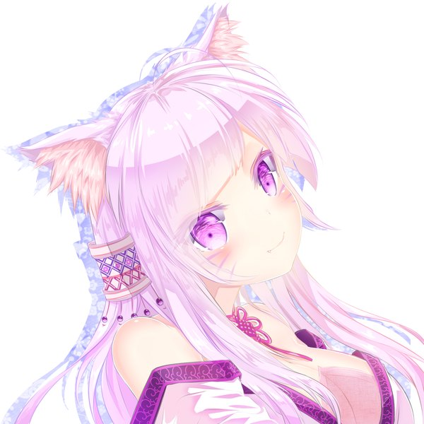 Anime picture 2000x2000 with original futoshi ame single long hair looking at viewer blush fringe highres simple background smile white background bare shoulders animal ears pink hair pink eyes cat ears facial mark close-up whisker markings girl