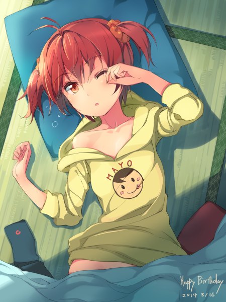 Anime picture 900x1200 with vividred operation isshiki akane michairu single tall image looking at viewer blush short hair open mouth light erotic red eyes twintails ahoge red hair lying one eye closed from above off shoulder shadow on back