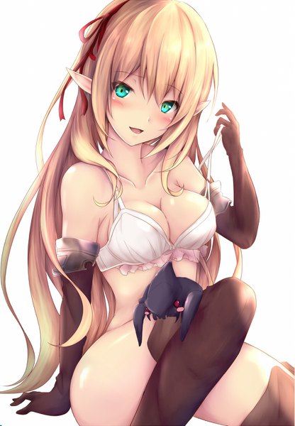 Anime picture 1040x1500 with shadowverse arisa (shadowverse) asuta (ayustat0423) single long hair tall image looking at viewer blush fringe open mouth light erotic simple background blonde hair hair between eyes white background green eyes pointy ears girl gloves ribbon (ribbons)