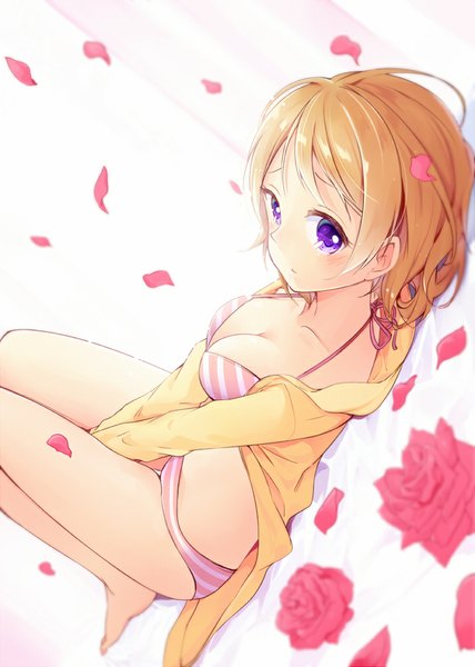 Anime picture 714x1000 with love live! school idol project sunrise (studio) love live! koizumi hanayo hazuki natsu single tall image looking at viewer blush short hair breasts light erotic blonde hair large breasts purple eyes bare shoulders bent knee (knees) lying barefoot bare belly