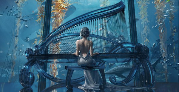 Anime picture 3000x1544 with ghost blade yan (ghost blade) wlop single highres short hair wide image sitting bare shoulders full body grey hair from behind realistic back reflection bare back playing instrument girl dress hair ornament