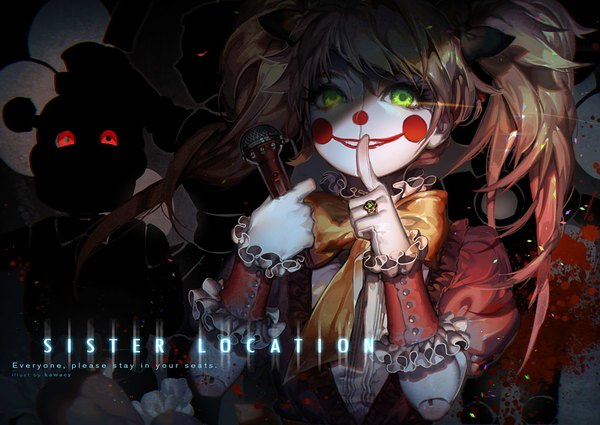 Anime picture 1024x726 with five nights at freddy's five nights at freddy's: sister locaton kawacy single long hair looking at viewer fringe blonde hair twintails holding copyright name glowing glowing eye (eyes) eyeshadow blood stains crazy girl gloves bow hair bow