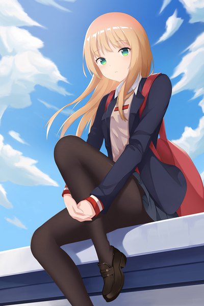 Anime picture 1000x1500 with gridman universe ssss.dynazenon studio trigger minami yume yasuharasora single long hair tall image looking at viewer blonde hair sitting green eyes sky cloud (clouds) outdoors wind leg hug girl pantyhose shoes