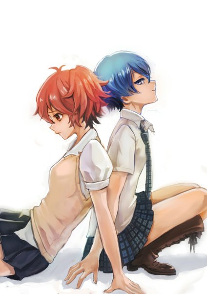 Anime picture 868x1228 with akuma no riddle azuma tokaku ichinose haru oi (artist) tall image looking at viewer short hair blue eyes red eyes multiple girls blue hair red hair orange hair looking down plaid skirt girl skirt uniform 2 girls school uniform