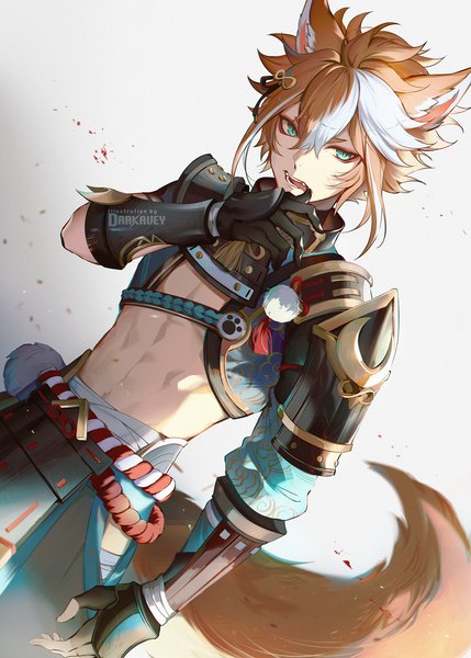 Anime picture 1286x1800 with genshin impact gorou (genshin impact) darkavey single tall image fringe short hair hair between eyes brown hair standing animal ears looking away tail animal tail multicolored hair aqua eyes two-tone hair midriff fox ears finger to mouth