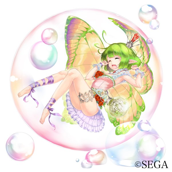 Anime picture 1500x1500 with the world end eclipse sega mito itsuki single short hair open mouth light erotic white background eyes closed barefoot green hair pointy ears official art bare legs sleeveless insect wings butterfly wings yawn girl dress