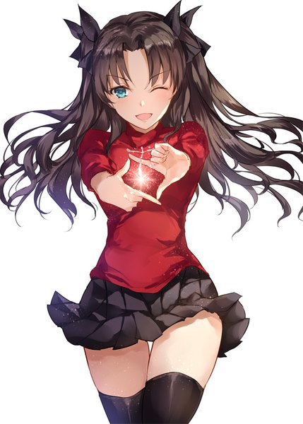 Anime picture 666x932 with fate (series) fate/stay night toosaka rin asle single long hair tall image looking at viewer blush fringe open mouth blue eyes simple background smile brown hair white background long sleeves pleated skirt one eye closed wink