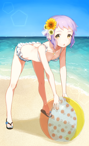 Anime picture 550x900 with idolmaster idolmaster million live! makabe mizuki mimizubare single tall image blush fringe short hair brown eyes looking away sky purple hair hair flower shadow leaning leaning forward beach horizon girl