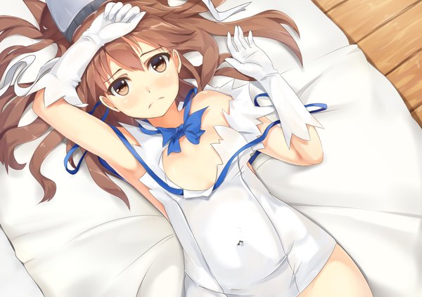 Anime picture 2340x1653 with kantai collection ryuujou light aircraft carrier ryouya single long hair looking at viewer blush fringe highres breasts light erotic brown hair brown eyes lying from above armpit (armpits) on back embarrassed sleeveless covered navel