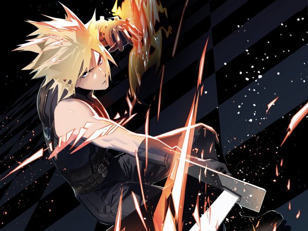 Anime picture 1251x938 with final fantasy final fantasy vii square enix cloud strife cofffee single looking at viewer short hair blue eyes blonde hair sleeveless spiked hair boy weapon sword
