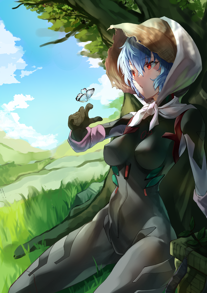 Anime picture 2715x3839 with neon genesis evangelion rebuild of evangelion evangelion: 3.0+1.0 thrice upon a time gainax ayanami rei pengrani single tall image fringe highres short hair light erotic hair between eyes red eyes sitting blue hair looking away sky cloud (clouds) outdoors