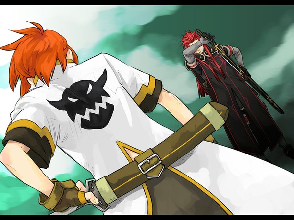 Anime picture 1024x768 with tales of (series) tales of the abyss luke fon fabre asch nirok red hair boy gloves sword